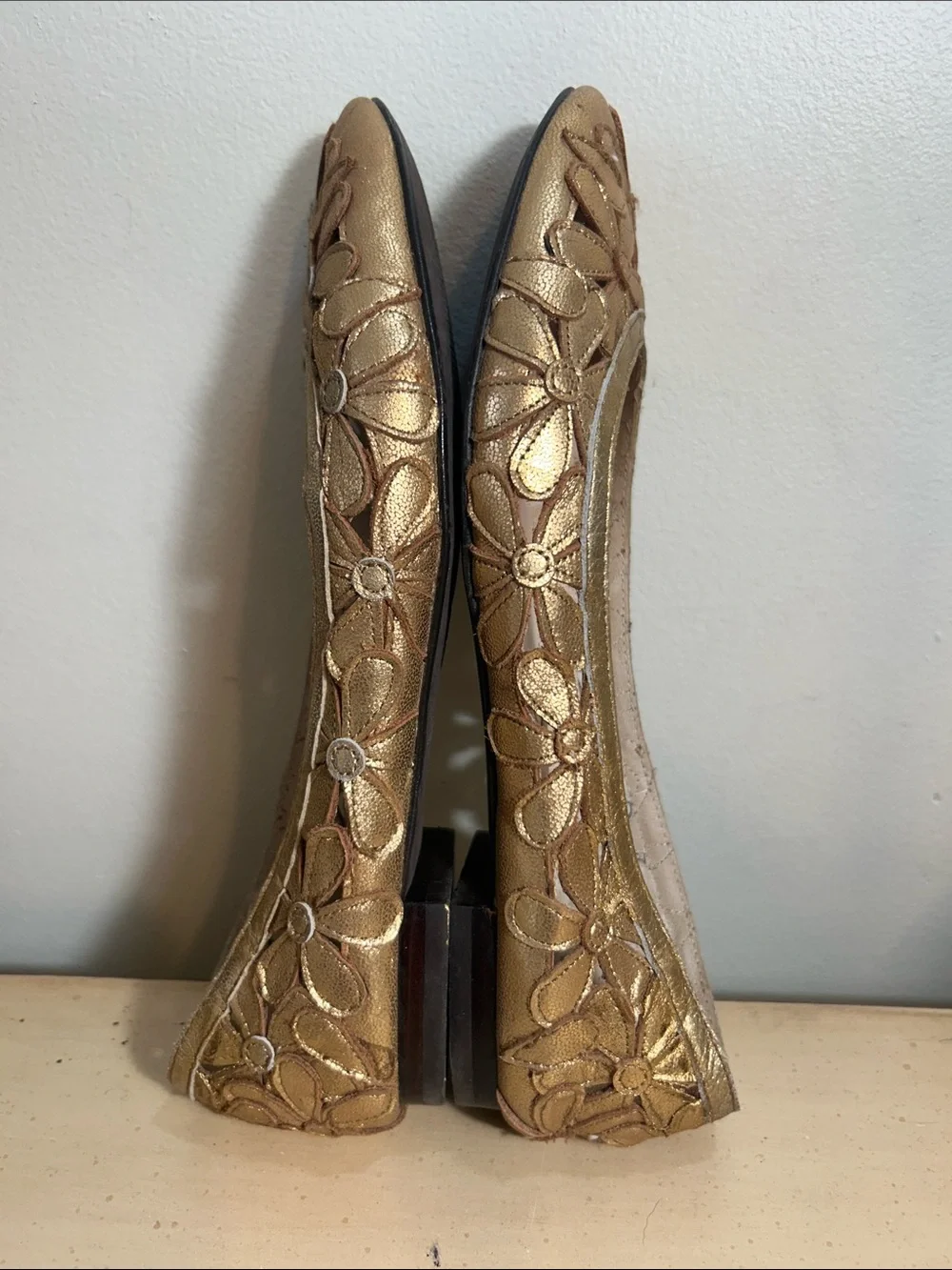 Michael Kors Gold Floral Leather  Cutout Ballet Flats
